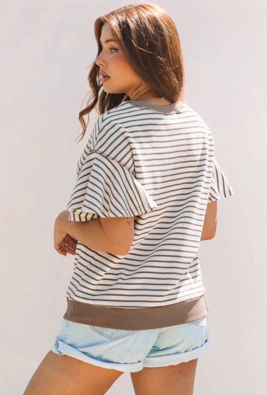 PARCHMENT RUFFLED SHORT SLEEVE, STRIPED TOP