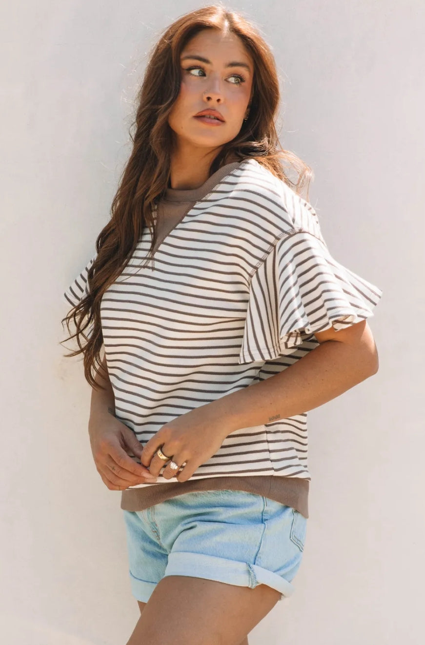 PARCHMENT RUFFLED SHORT SLEEVE, STRIPED TOP