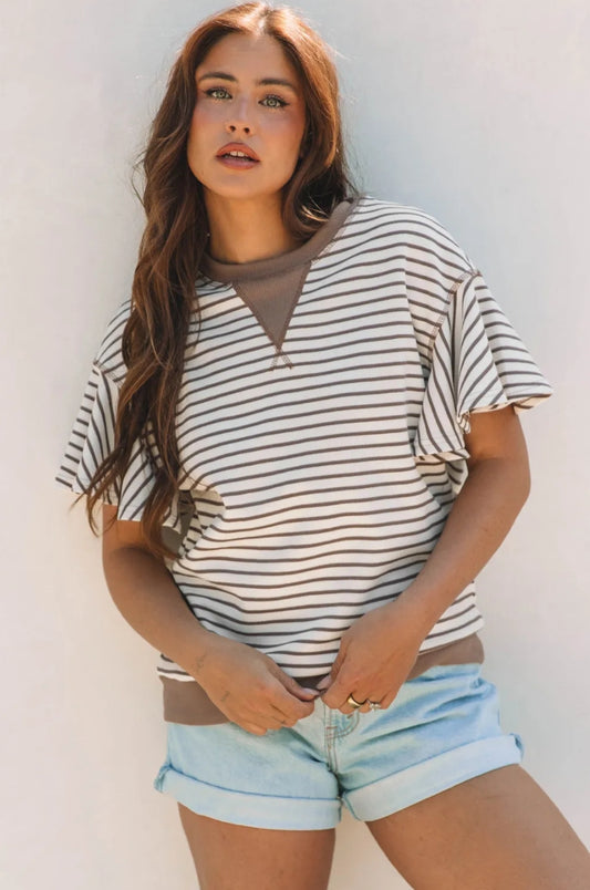 PARCHMENT RUFFLED SHORT SLEEVE, STRIPED TOP