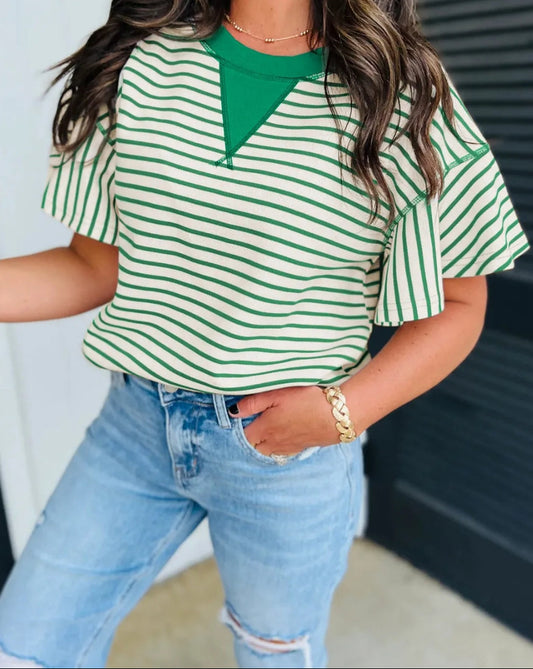 BRIGHT GREEN RUFFLED SHORT SLEEVE, STRIPED TOP