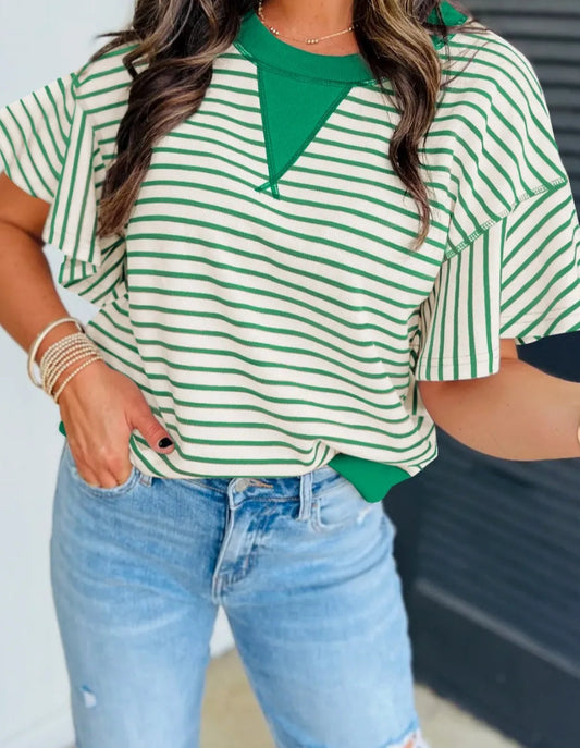 BRIGHT GREEN RUFFLED SHORT SLEEVE, STRIPED TOP