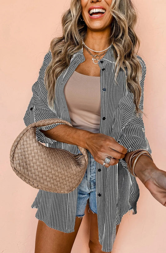 Black Roll-Tab Sleeve Pocketed Long Shirt