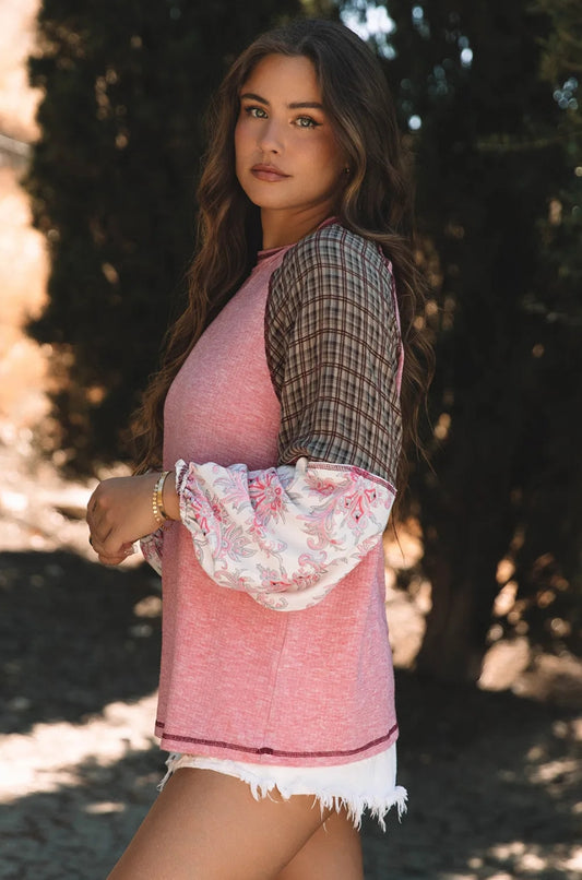 Fushia Mixed Print Raglan Sleeve Ribbed Knit Patchwork Blouse