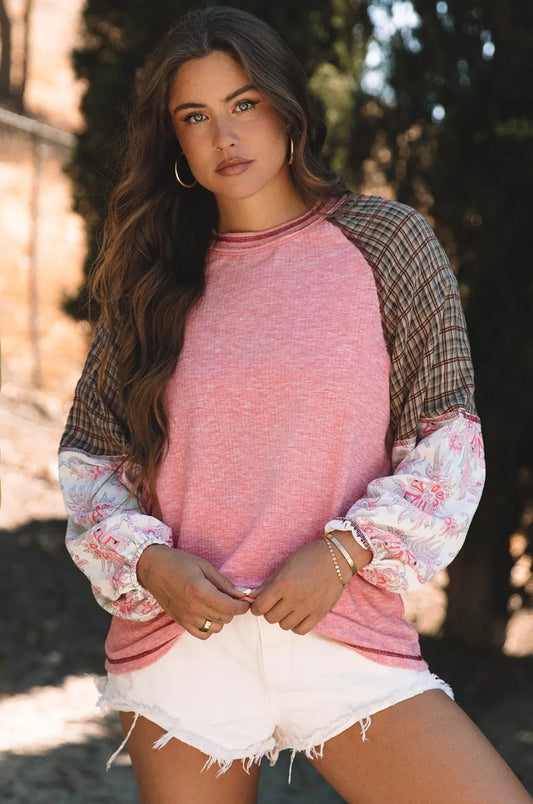Fushia Mixed Print Raglan Sleeve Ribbed Knit Patchwork Blouse