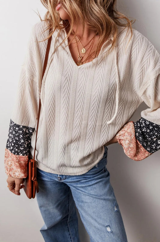 Beige Floral Patchwork Textured Knit Drawstring V Neck Blouse