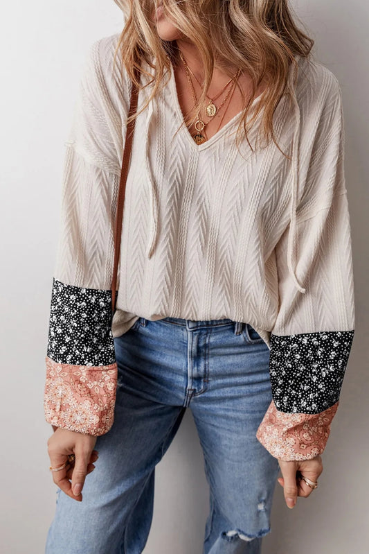 Beige Floral Patchwork Textured Knit Drawstring V Neck Blouse