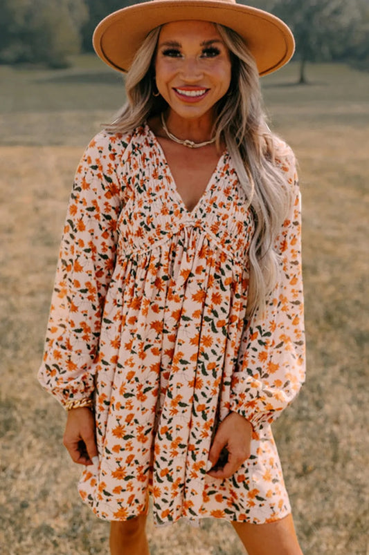Beige Floral Deep V Neck Smocked Bust Bubble Sleeve Babydoll Dress