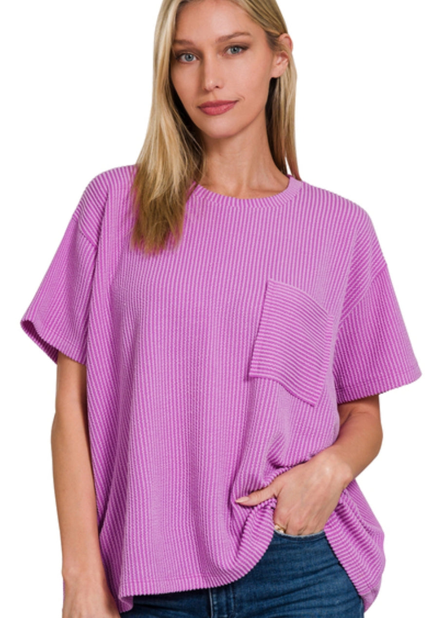 RAISED RIB SHORT SLEEVE FRONT POCKET TOP