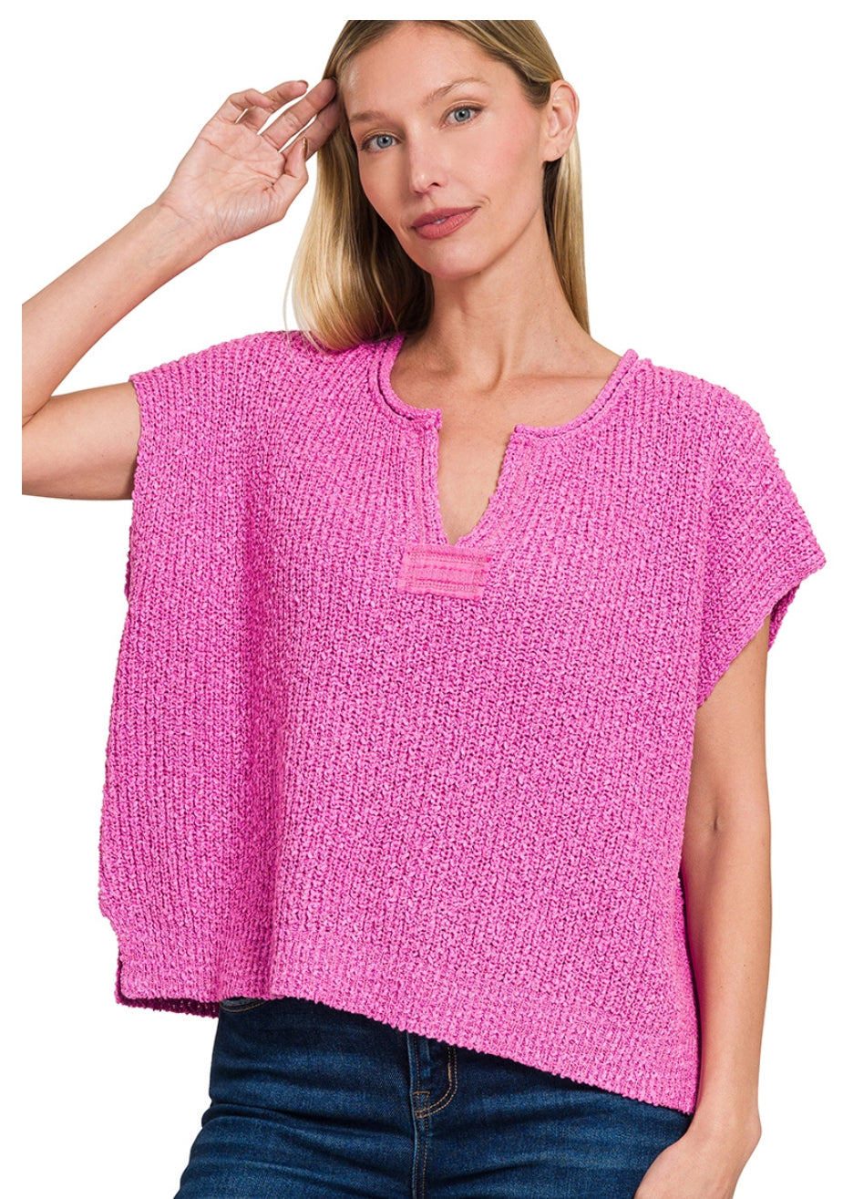 BACK PATCH ROLLED SPLIT-NECK SIDE SLIT PULLOVER