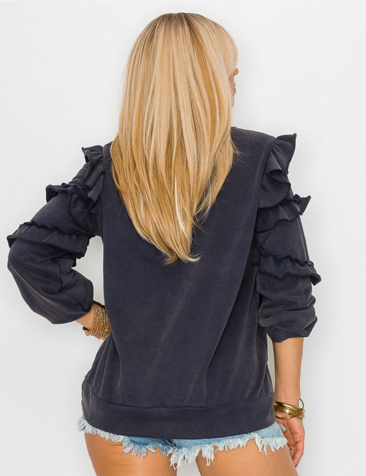 CEZELE RUFFLE SLEEVE FRENCH TERRY SWEATSHIRT