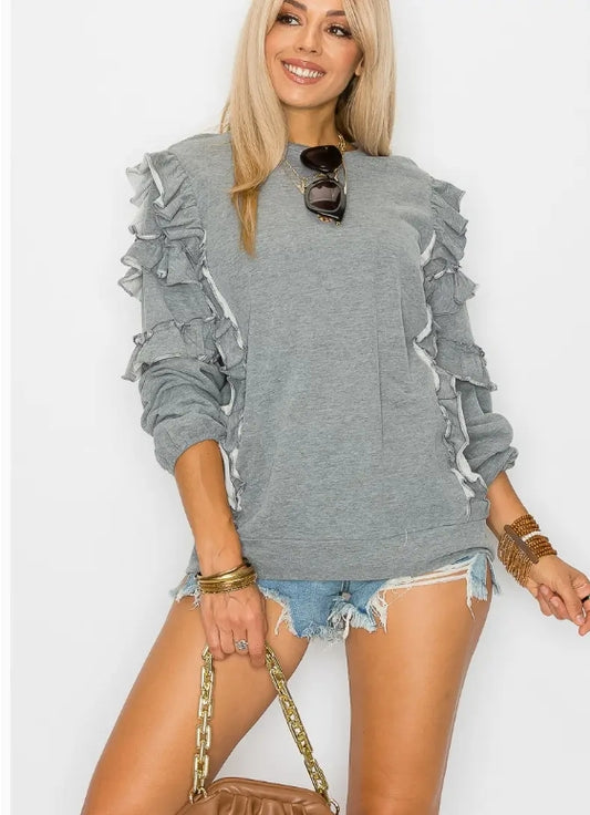 CEZELE RUFFLE SLEEVE FRENCH TERRY SWEATSHIRT
