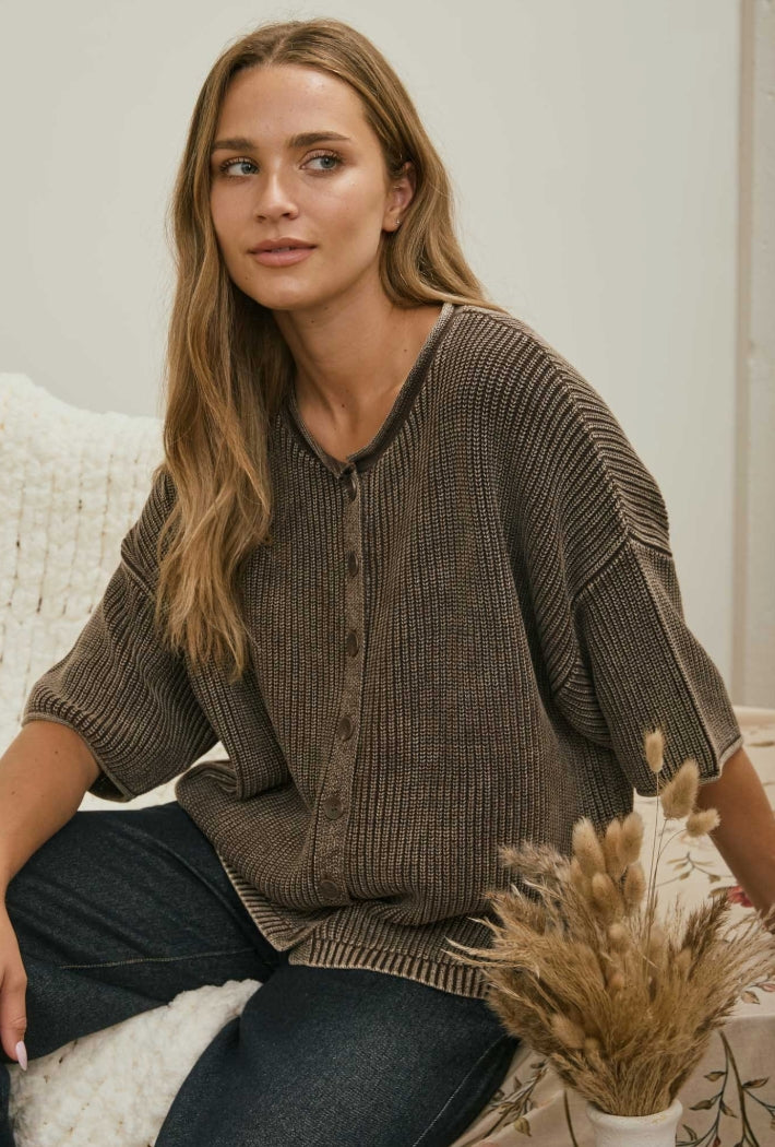 WASHED RIBBED SS CARDIGAN - BROWN