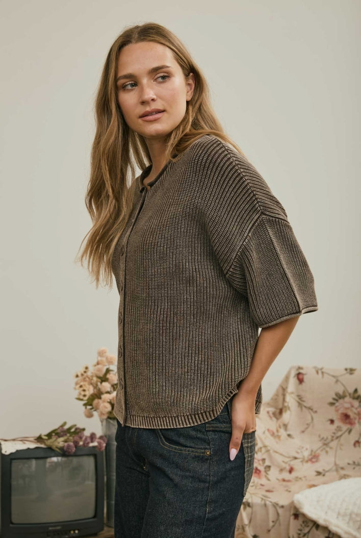 WASHED RIBBED SS CARDIGAN - BROWN