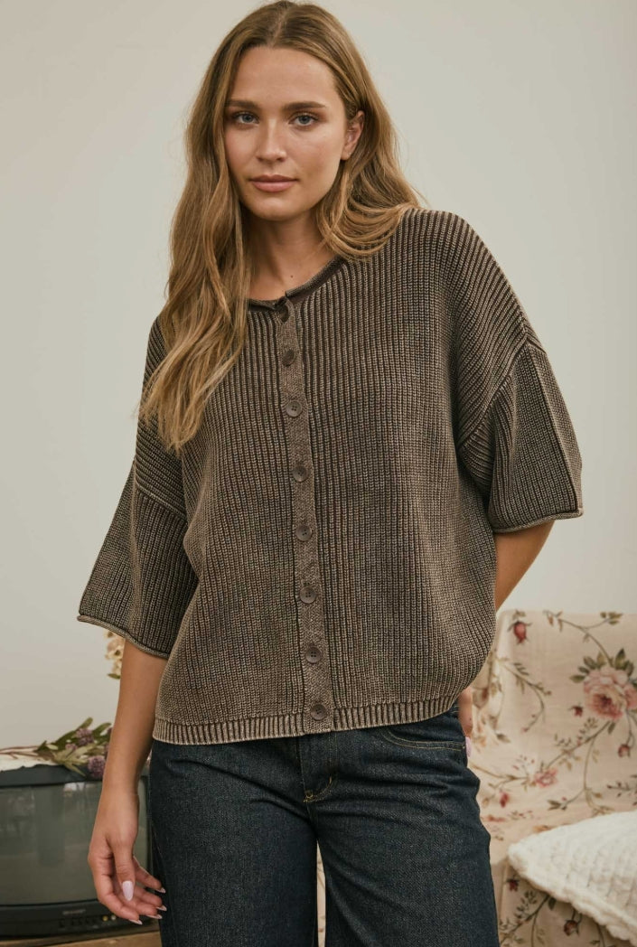 WASHED RIBBED SS CARDIGAN - BROWN