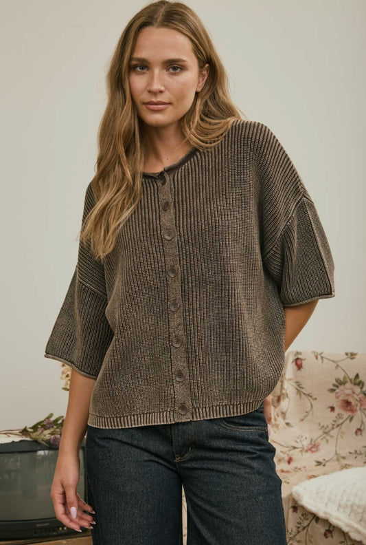 WASHED RIBBED SS CARDIGAN - BROWN