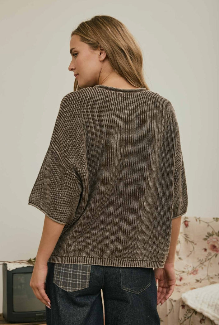 WASHED RIBBED SS CARDIGAN - BROWN