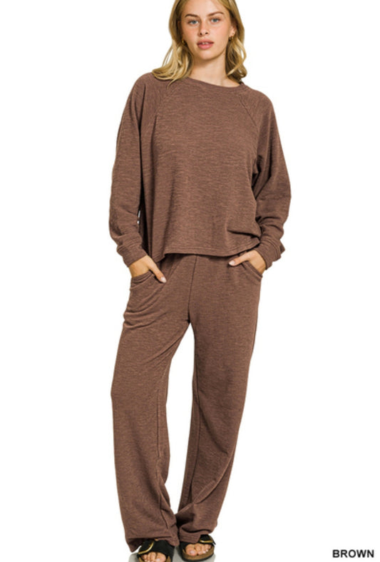 SLUB LONG SLEEVE TOP & PANTS SET - BROWN