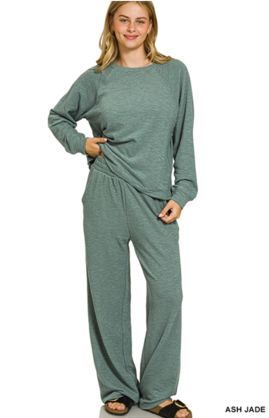 SLUB LONG SLEEVE TOP & PANTS SET - ASH JADE