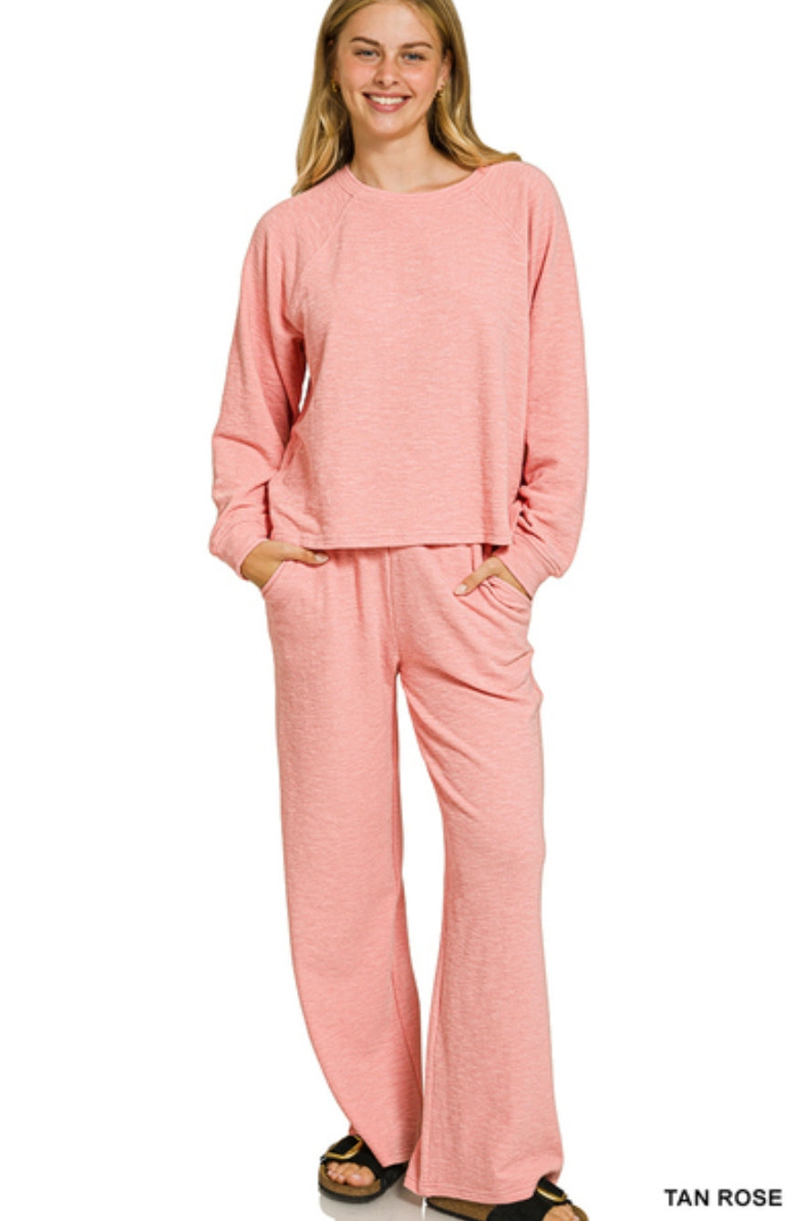 SLUB LONG SLEEVE TOP & PANTS SET - TAN ROSE