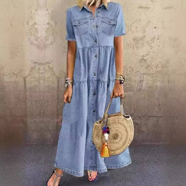 Long Denim Dress with Button Front