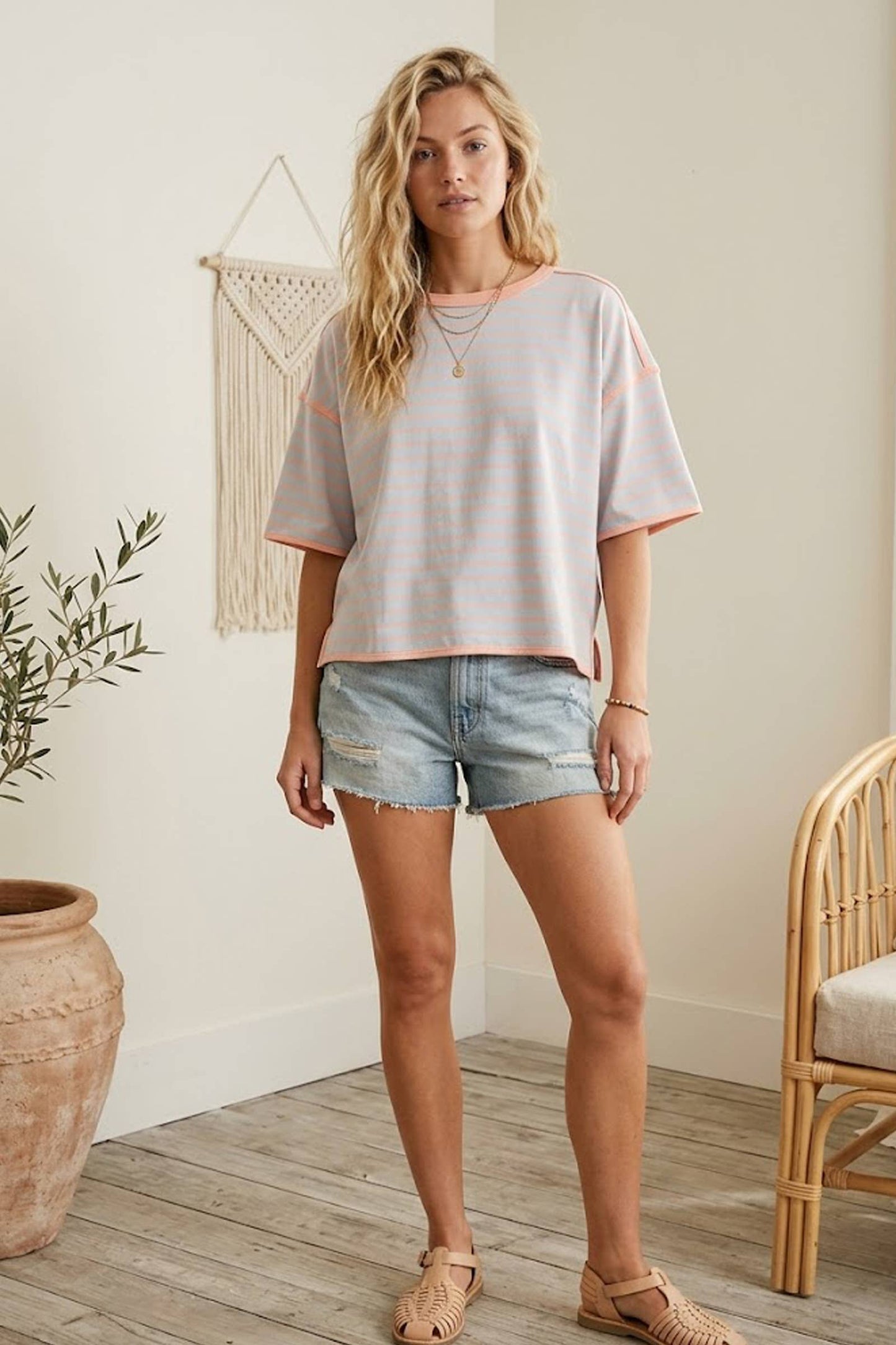 Sewn and Seen - Striped Relaxed Fit Knit Tee: MINT/BLUE / M