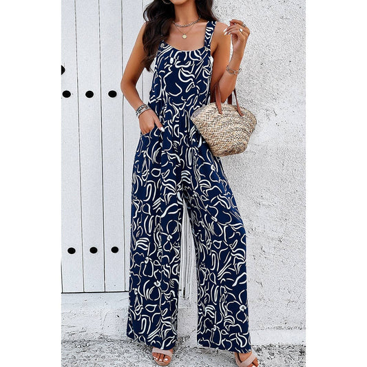 Sleeveless Button Wide Leg Pockets Jumpsuit