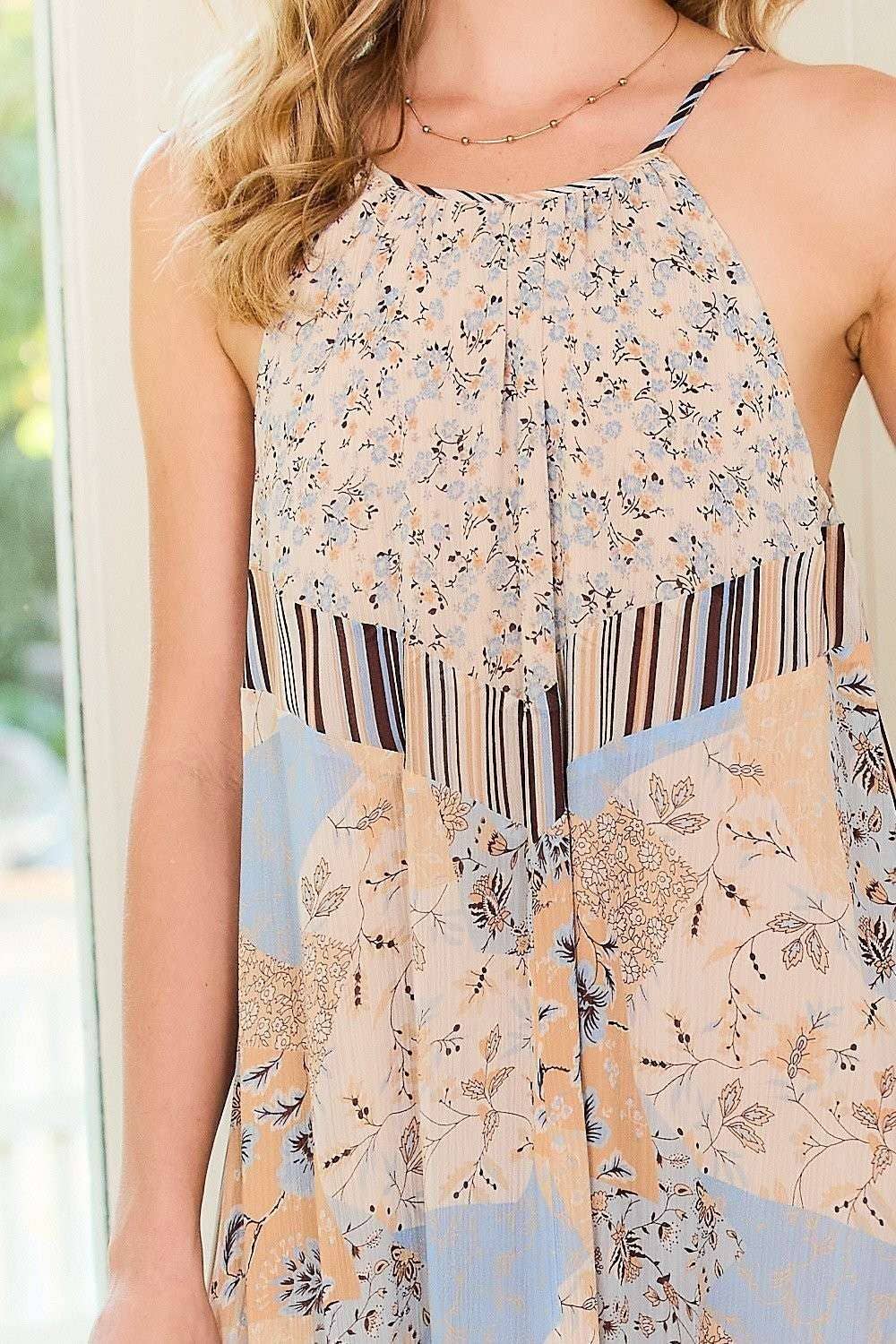 Round Neck Back Tie Stripe Floral Mix Maxi Dress