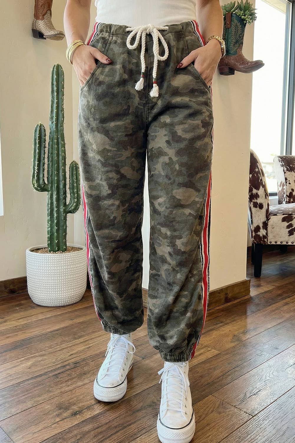 Camouflage Striped Side Panel Patchwork Drawstring Pants