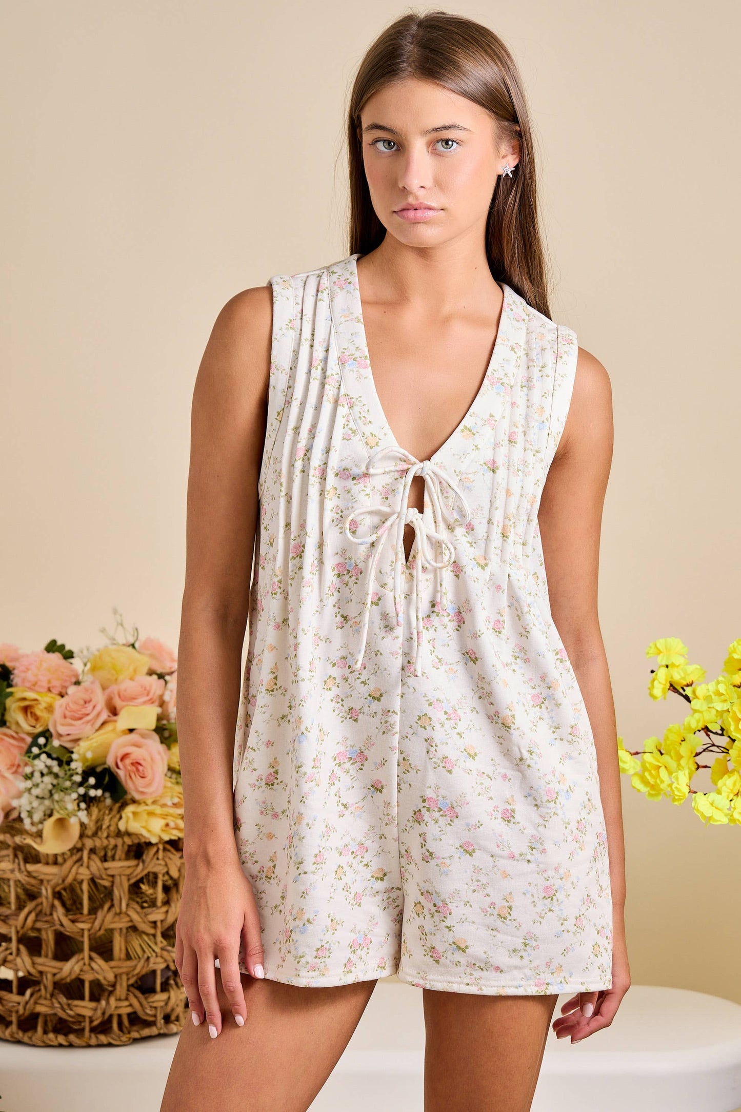 Ivory Floral Tie Front Sleeveless Romper