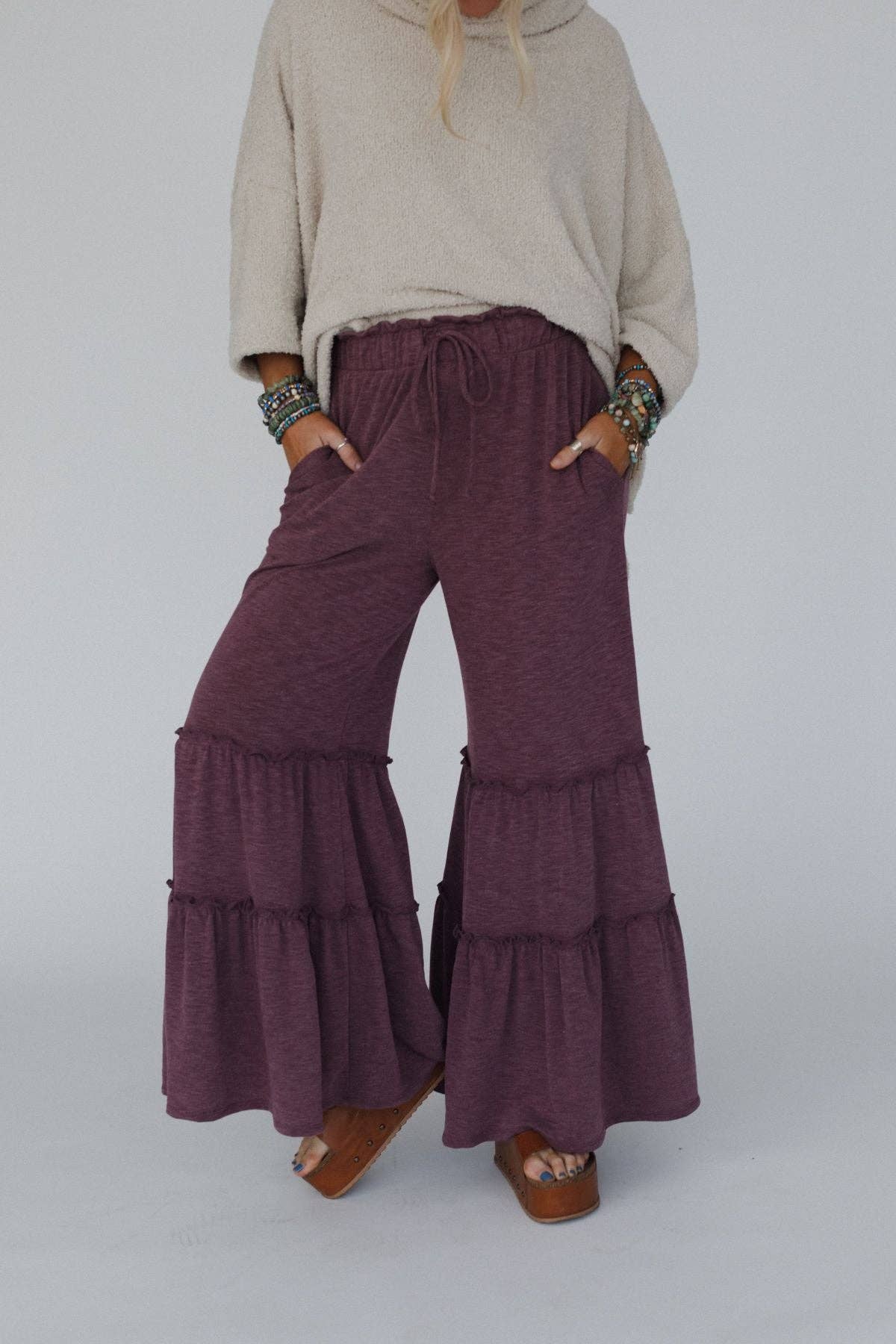 Three Bird Nest - Milla Ruffled Wide Leg Pants - Burgundy