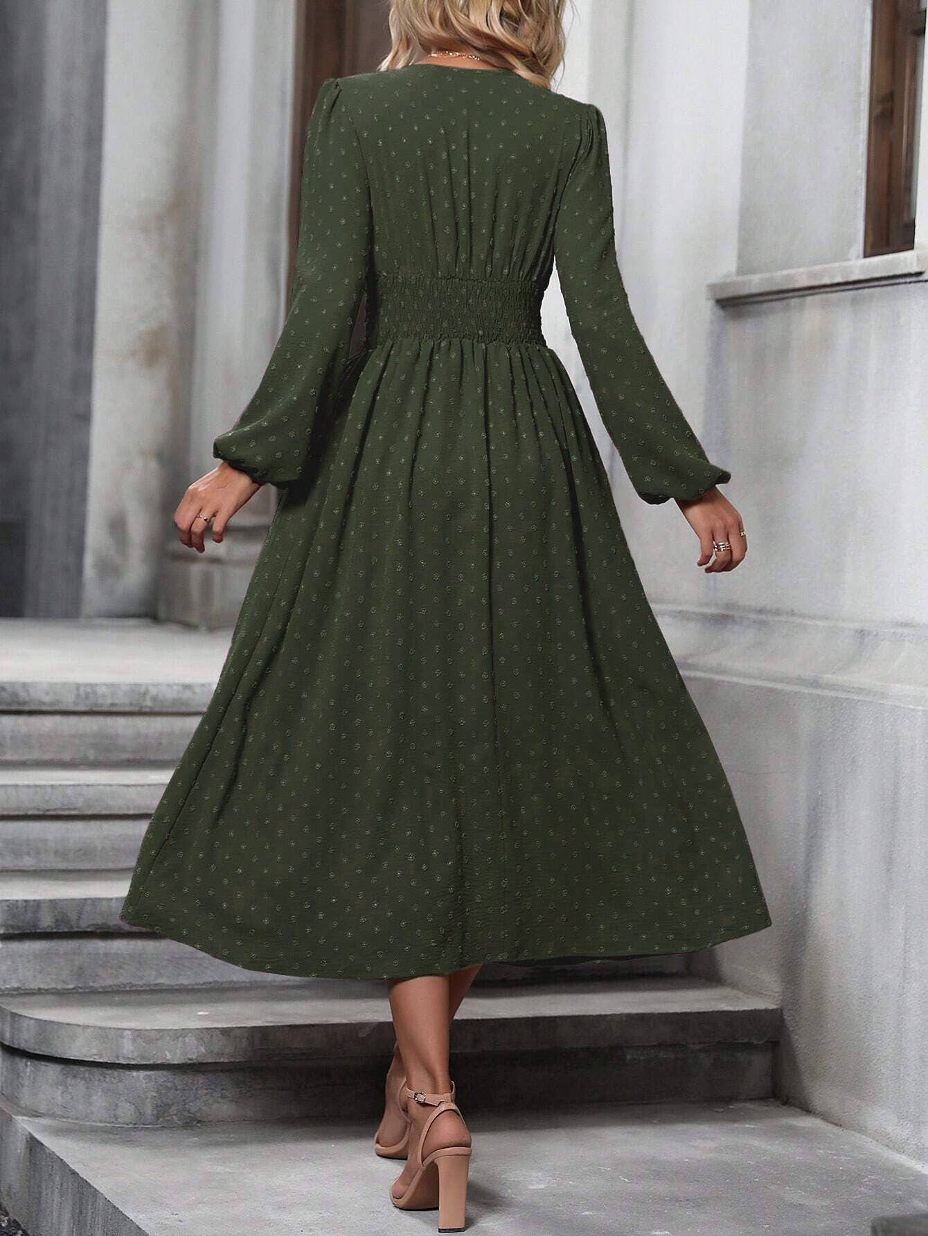 V Neck Lantern Sleeve Pleated High Waist Smocked Dress