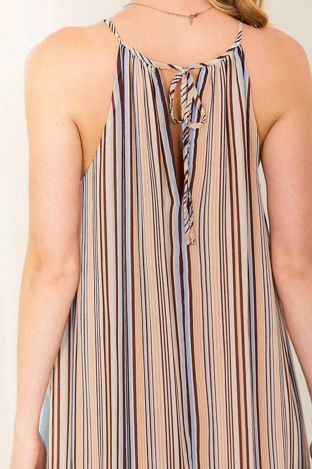 Round Neck Back Tie Stripe Floral Mix Maxi Dress