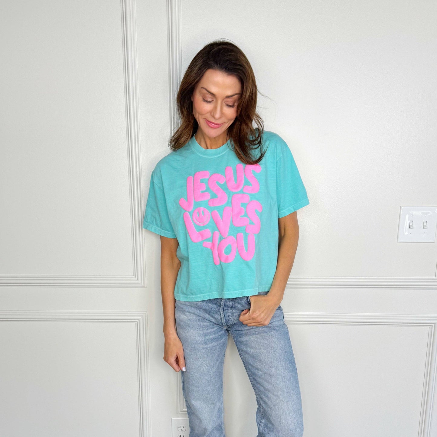 Smiley Jesus Loves You Puff Cropped Tee
