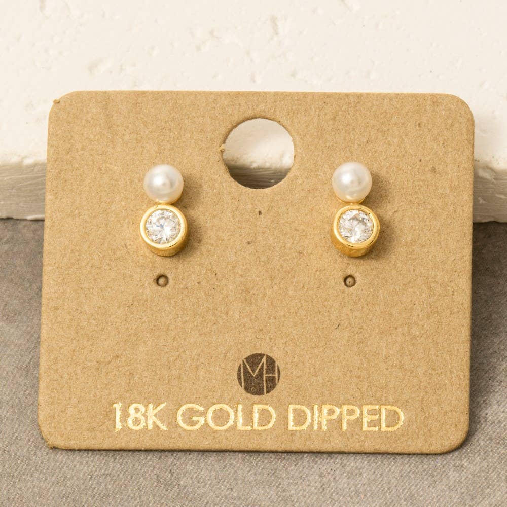 Gold Dipped Pearl And Cz Stud Earrings