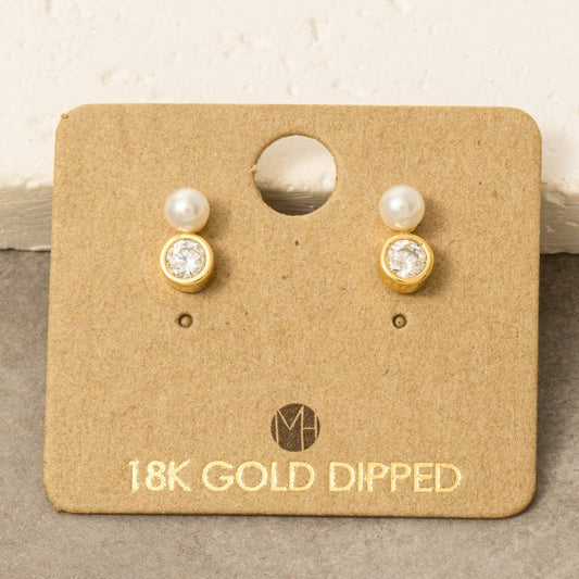 Gold Dipped Pearl And Cz Stud Earrings