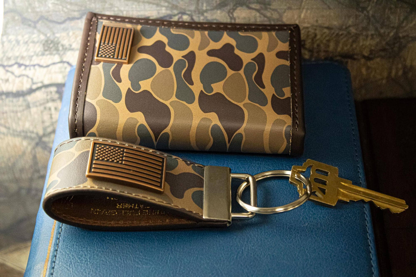 USA Flag Old School Camo Leather Loop Keychain.