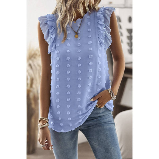 Swiss Dot Ruffle Trim Solid Blouse