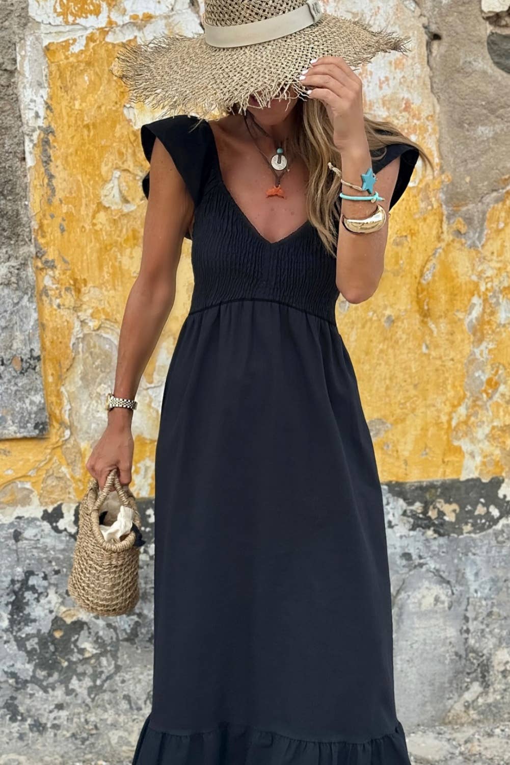 V Neck Flutter Sleeve Smocked Bodice Ruffle Maxi Dress