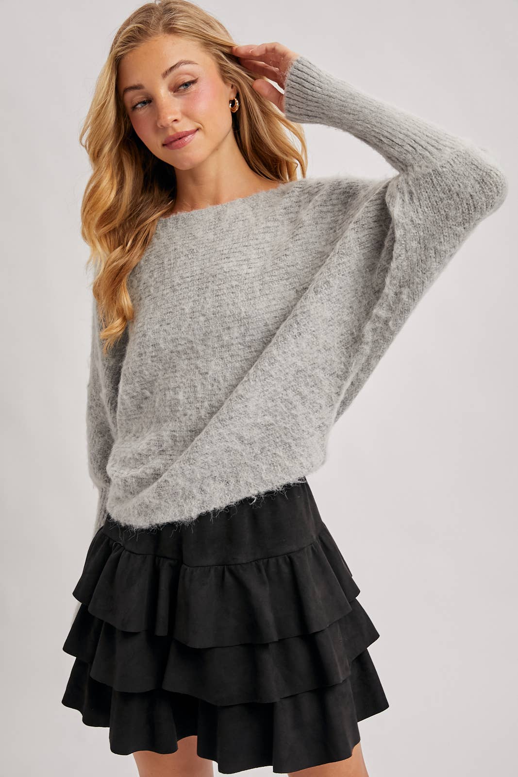 BOAT NECK BRUSHED FUZZY KNIT SWEATER