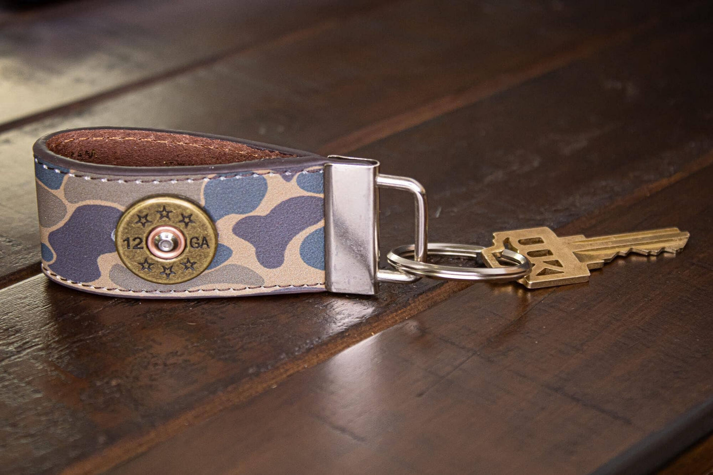 Shotshell Hunting Old School Camo Leather Loop Keychain.