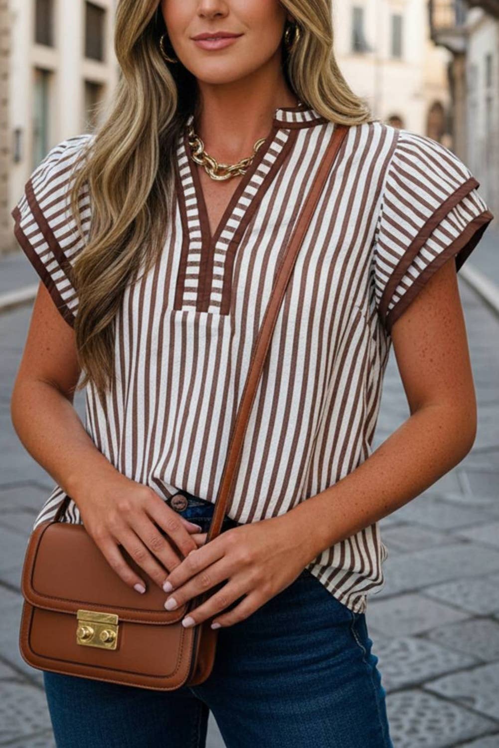 Stripe Double Ruffled Short Sleeve Trim V Neck Blouse
