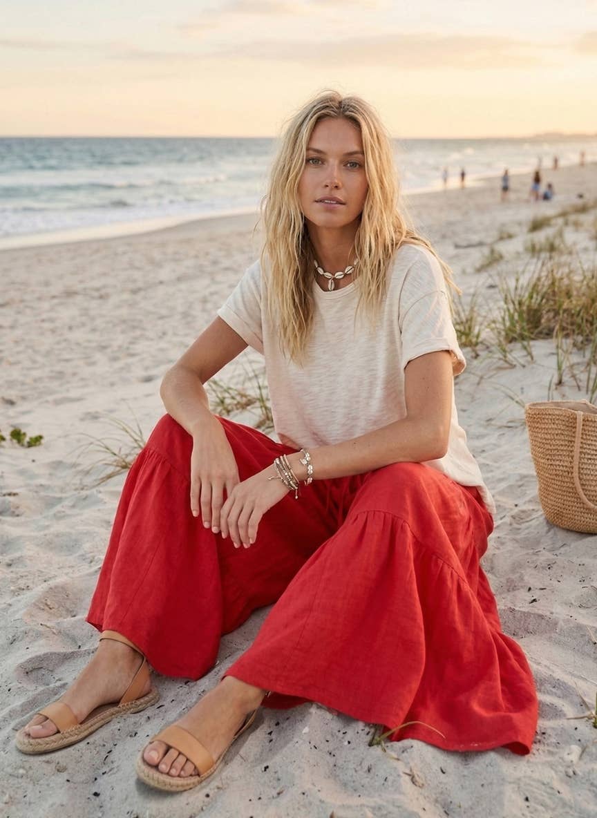 Sewn and Seen - Linen Blend Tiered Wide Leg Palazzo Full Length Pants