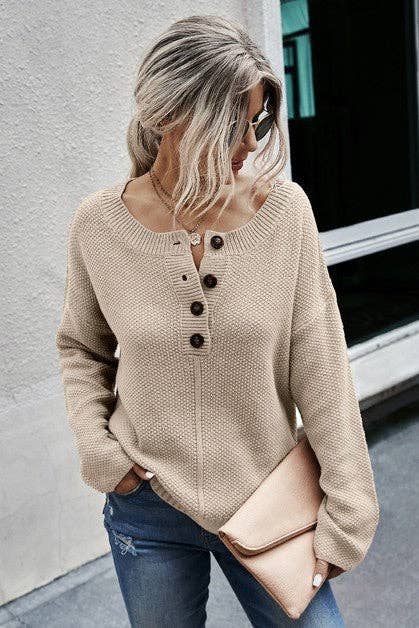 KNIT BUTTON WIDE NECK SWEATER