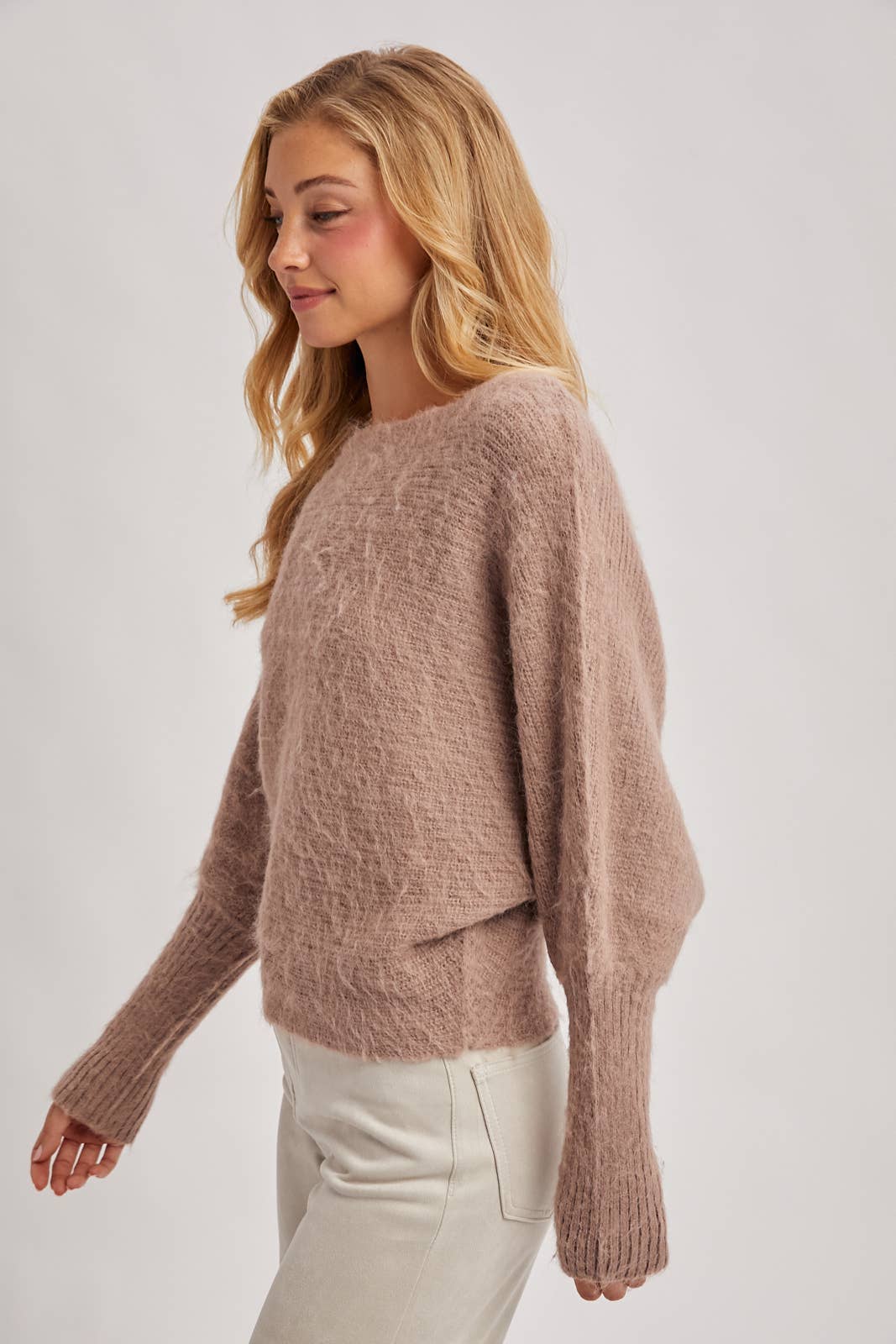 BOAT NECK BRUSHED FUZZY KNIT SWEATER