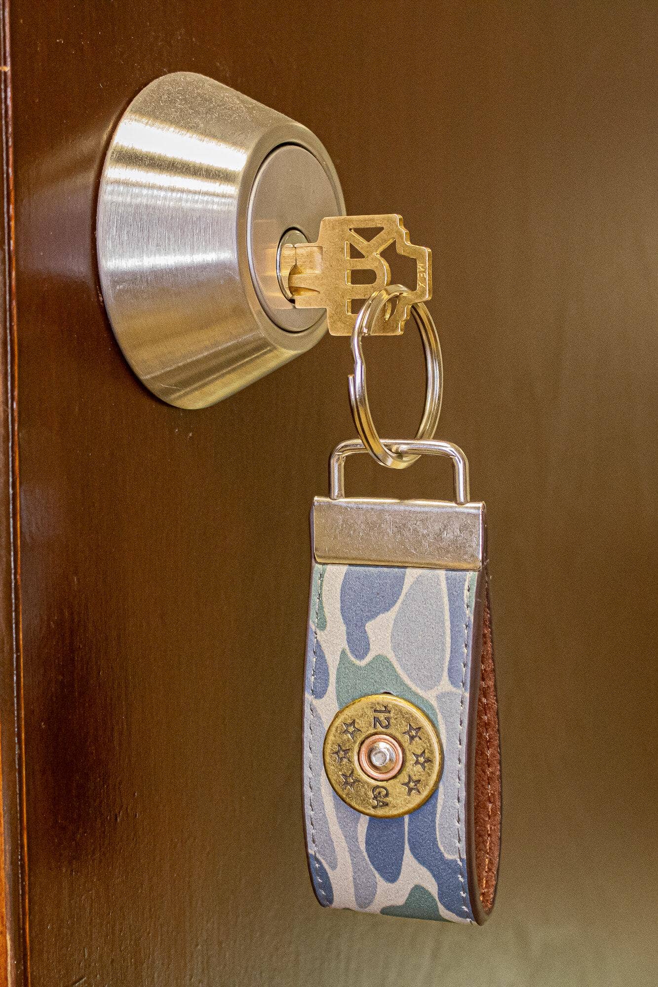 Shotshell Hunting Old School Camo Leather Loop Keychain.