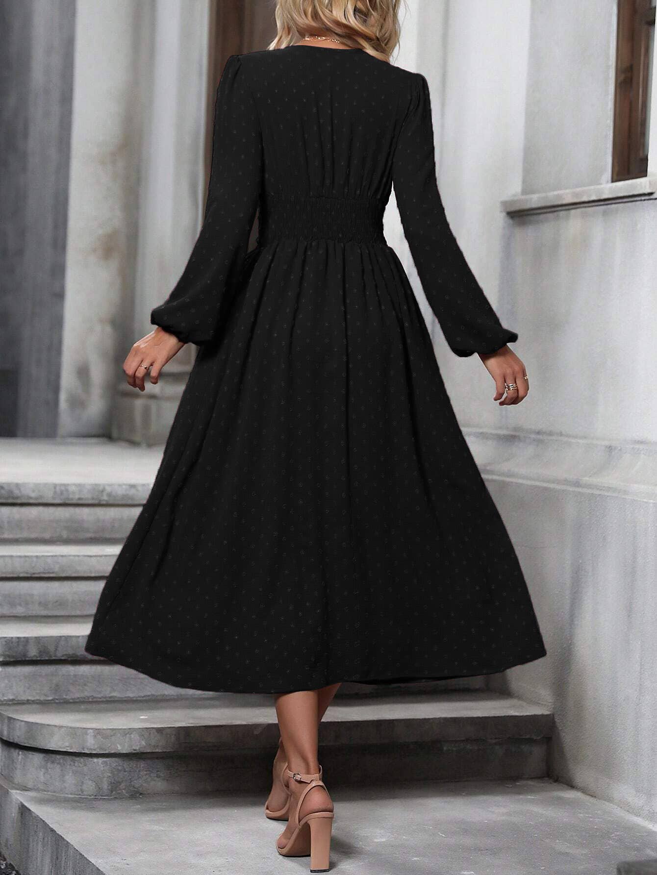 V Neck Lantern Sleeve Pleated High Waist Smocked Dress