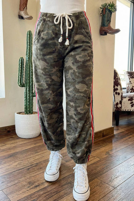 Camouflage Striped Side Panel Patchwork Drawstring Pants