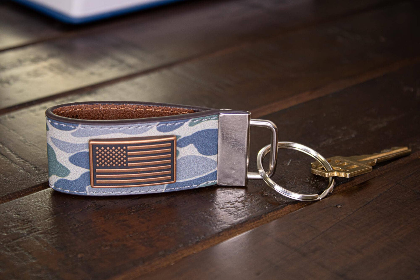 USA Flag Old School Camo Leather Loop Keychain.