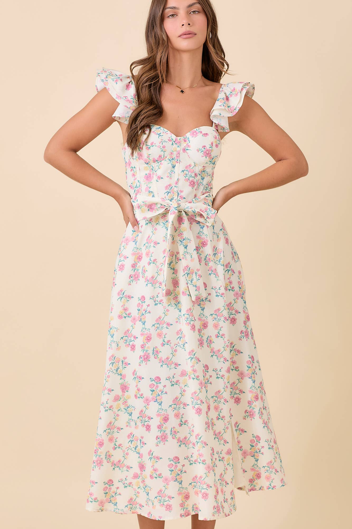 Floral Printed Ruffle Sleeve Midi Dress