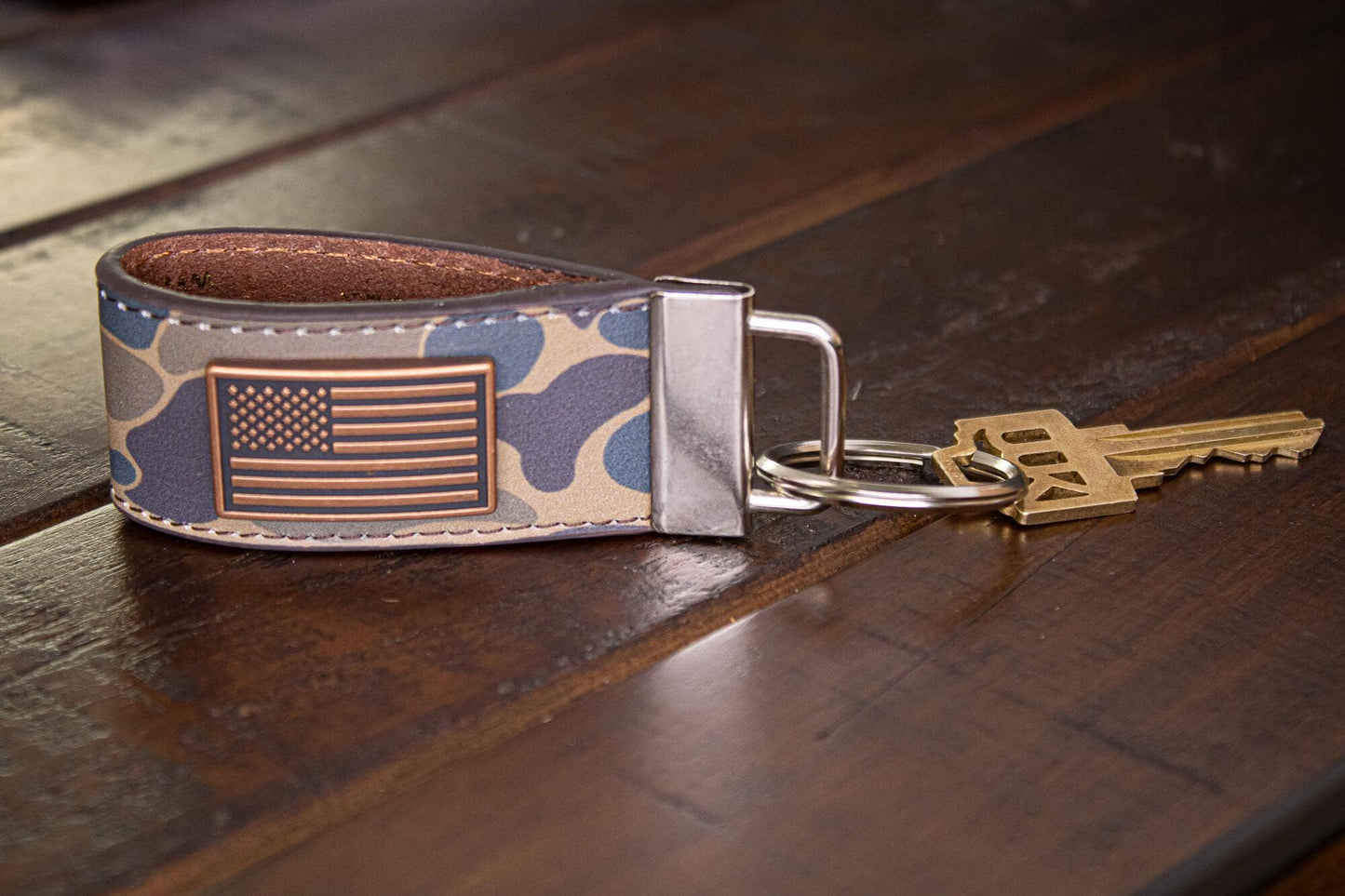 USA Flag Old School Camo Leather Loop Keychain.
